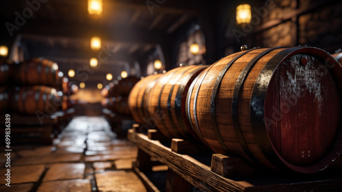 Perspective of vintage wooden barrels stored in dark wine cellar, old brown oak casks in storage of winery. Concept of vineyard, viticulture, production, wood, warehouse, winemaking photo