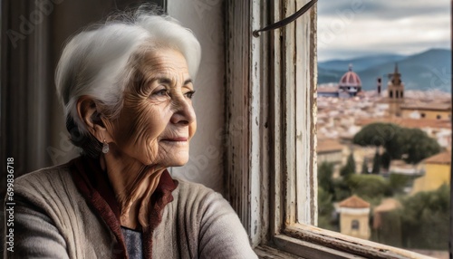 Pensive Senior woman Gazing Out of a Window