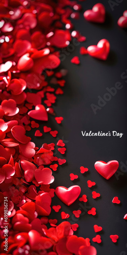 Red hearts on black background. Valentine's Day backdrop. Vertical banner