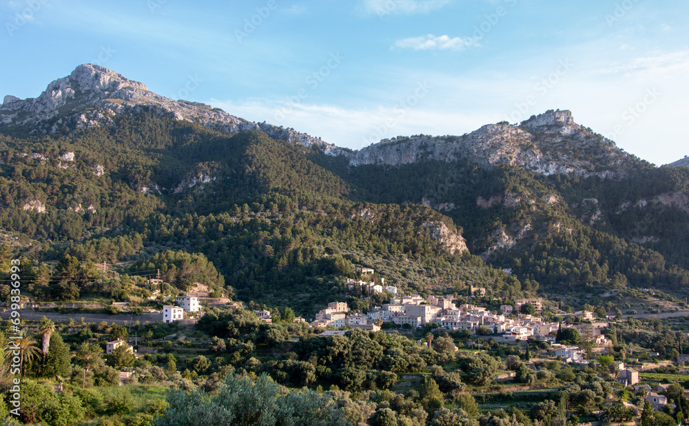 Panoramic landscape view of a Mediterranean mountain village of Estellencs, in the Sierra de Tramuntana in the island of Majorca, Balearic Islands, Spain, Europe