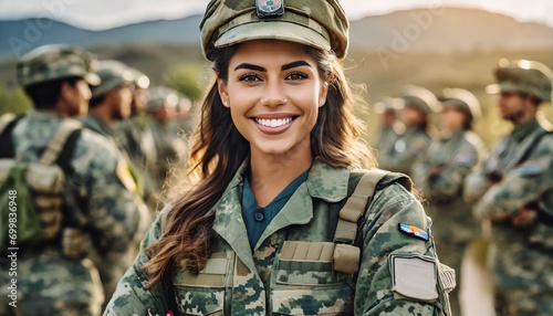 A female soldier in camouflage smiles confidently, her uniform signifying her sexy strength and pretty resilience in military security photo