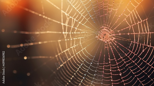  a close up of a spider's web on a blurry background with a blurry light in the background.