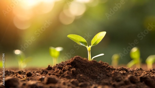 Young Plant Sprouting from Fertile Soil at Sunrise
