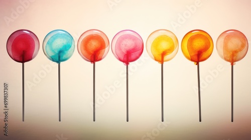  a row of colorful lollipops sitting on top of each other in front of a pink and blue background. © Anna