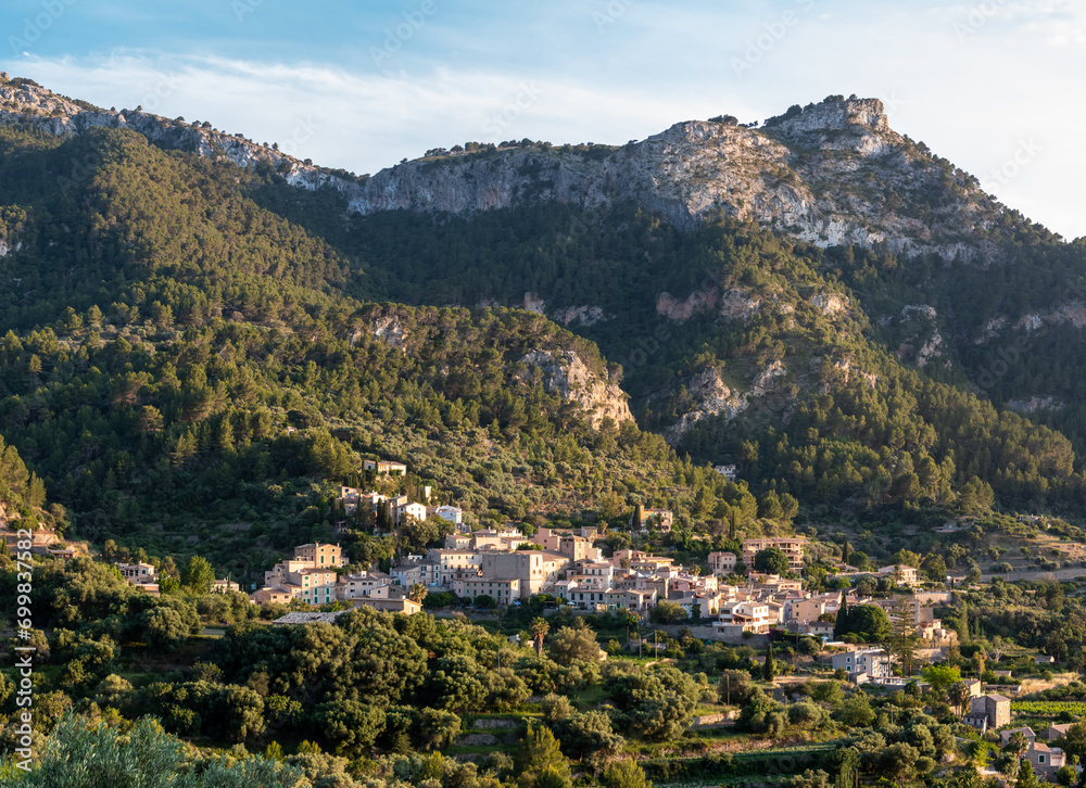 View of the mountain village of Estellencs, in Sierra de Tramuntana, Northwestern Coast, in the island of Majorca, Balearic Islands, Spain, Europe
