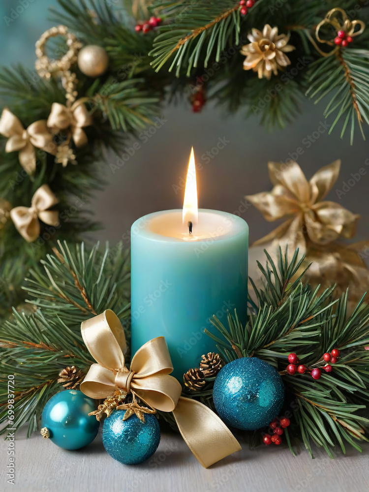 Charming Christmas composition: burning candle, fir branches and festive decorations. Magical Christmas atmosphere, holiday spirit concept with bright Christmas symbols and cozy holiday elements.