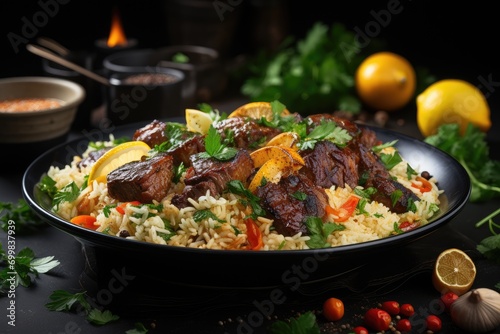 The concept of oriental cuisine. Assorted Uzbek food set, pilaf, samsa, lagman, manta, shurpa central asia food. Homemade Uzbek pilaf or plov from lamb served in cast iron cookware photo