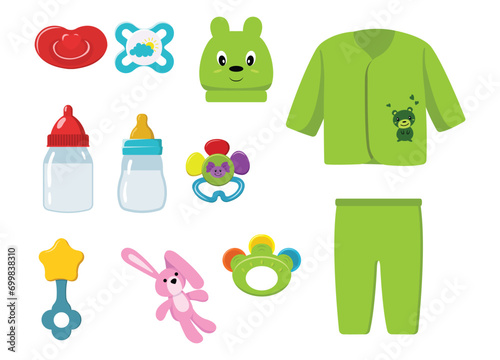 Set of objects, clothes for babies in cartoon style. Vector illustration of baby things: pacifiers of different shapes, feeding bottles, teethers, rattles, suits isolated on white background.