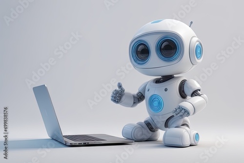 Tiny colleague: Cute AI robot contributing to laptop productivity,cartoon style 3d.