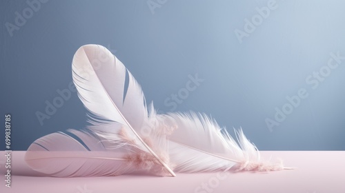  a close up of a white feather on a pink surface with a blue back ground and a blue sky in the background.