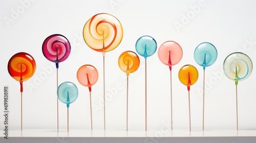  a row of colorful lollipops sitting on top of each other on top of a white table next to each other.