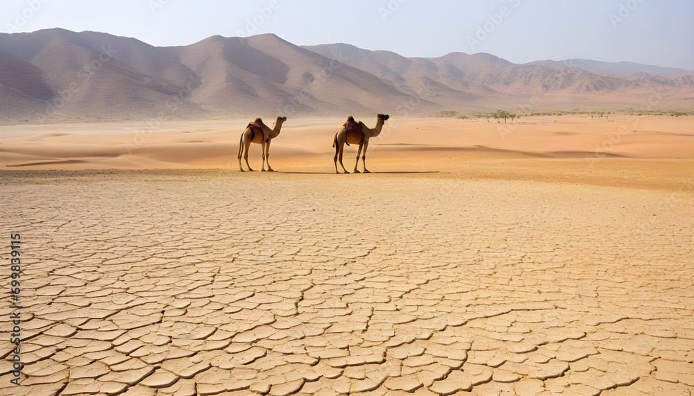 A camel standing in the dry cracked desert A camel standing in the dry cracked desert