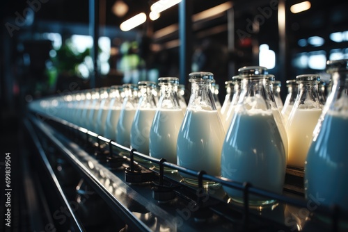 Dairy. Row of bottles with pasteurized milk on conveyor belt. Dairy plant conveyor fills and packs bottles of glass milk. Conveyor is an automatic product line with a dairy plant. photo