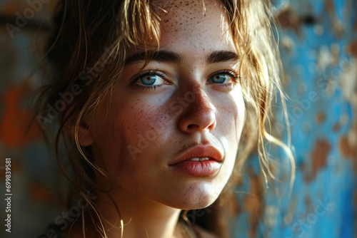 Russian beautiful young girl, portrait of a young woman, natural beauty of a Siberian princess, freckles and detailed close-up shot