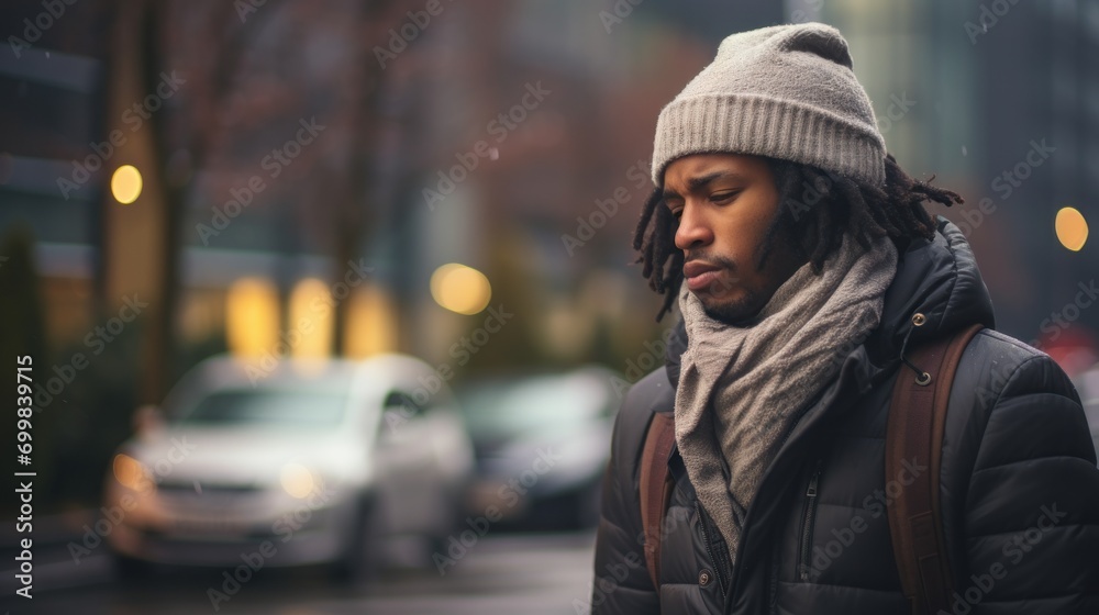 a man with dreadlocks and a beanie looks down at his cell phone on a busy city street. a man with dreadlocks and a beanie looks down at his cell phone on a busy city street.