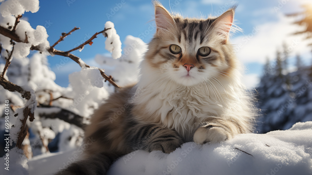 Adorable tabby fluffy cat, lie on snow, in beautiful winter landscape