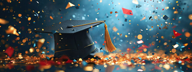 Graduation cap amidst a sparkling celebration, symbolizing academic achievement and commencement. A festive and joyous end to educational endeavors.