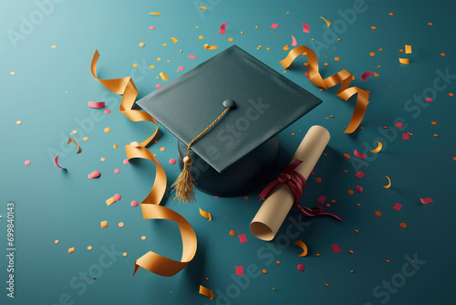  A graduation cap and diploma surrounded by confetti, symbolizing the joy and celebration of academic achievement and the conclusion of a scholarly journey. photo