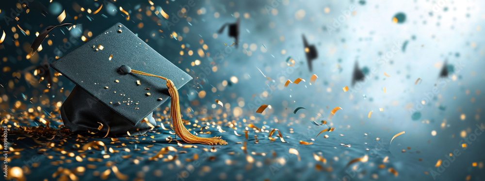 Graduation cap on a sparkling blue background with gold confetti ...