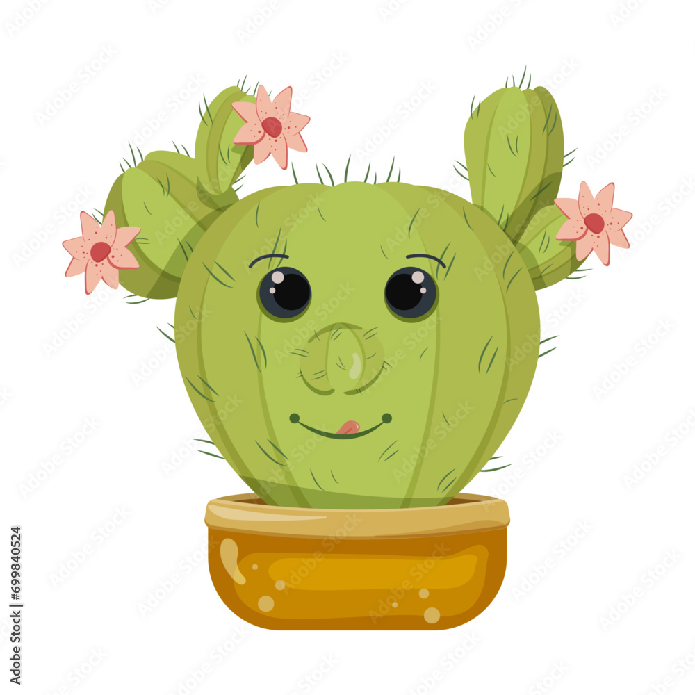 Cartoon prickly pear cactus with flowers. Cactus in a flower pot isolated on white. Cute juicy character with a funny face. The succulent is cheerful and kind. Smiling summer character prickly cactus. Cartoon prickly pear cactus with flowers. Cactus in a flower pot isolated on white. Cute juicy character with a funny face. The succulent is cheerful and kind. Smiling summer character prickly cactus.
