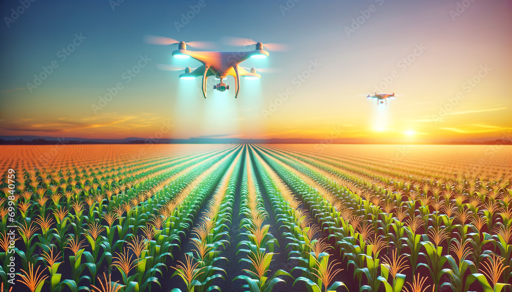Futuristic AI-driven farming equipment monitoring healthy crops in a vast field at golden hour. - obrazy, fototapety, plakaty 