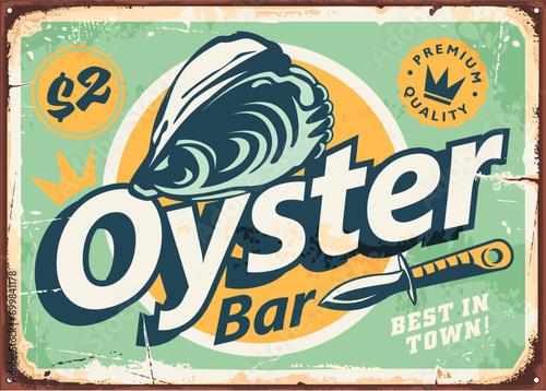 Oyster bar vintage tin sign layout on old metal background. Oyster graphic retro poster for seafood restaurant. Mussels vector illustration.