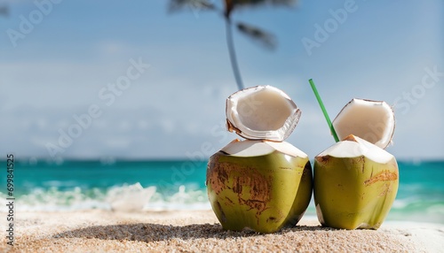 Tropical Coconut Drinks in the sand. Summertime background. On holidays. Coconut cocktail with umbrella. Sunlight