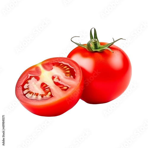 fresh organic tomato berry cut in half sliced with leaves isolated on white background with clipping path photo