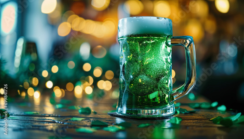 jarra con cerveza verde típica de la fiesta de san patricio irlandesa, sobre mesa de madera y fondo desenfocado verde y dorado