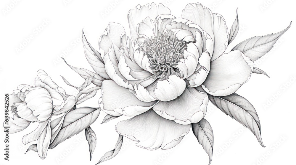  a black and white drawing of a peony flower on a white background, with leaves and buds in the center of the flower.