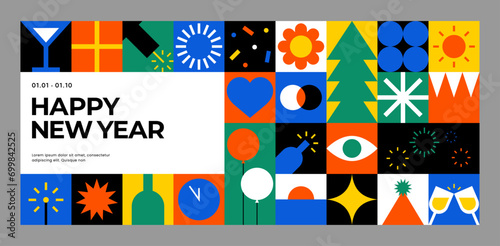 Happy New Year colorful geometric mosaic seamless pattern. Creative abstract shape. Modern scandinavian style icon element. Trendy bright symbol. Minimal background print. Flat vector illustration. © DDDART