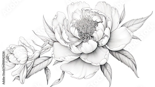 Fototapeta Naklejka Na Ścianę i Meble -   a black and white drawing of a peony flower on a white background, with leaves and buds in the center of the flower.
