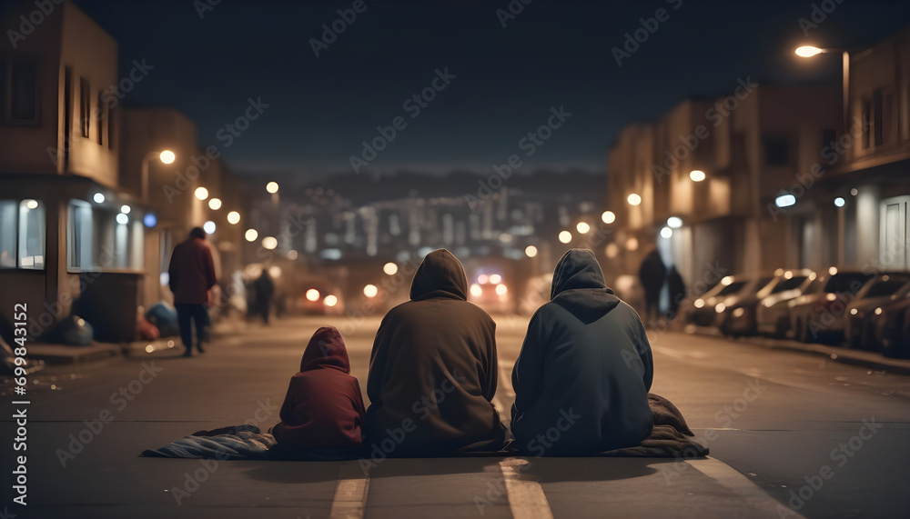 Obraz premium Homeless family living on the streets, at night, facing away from camera, blurred town in the background