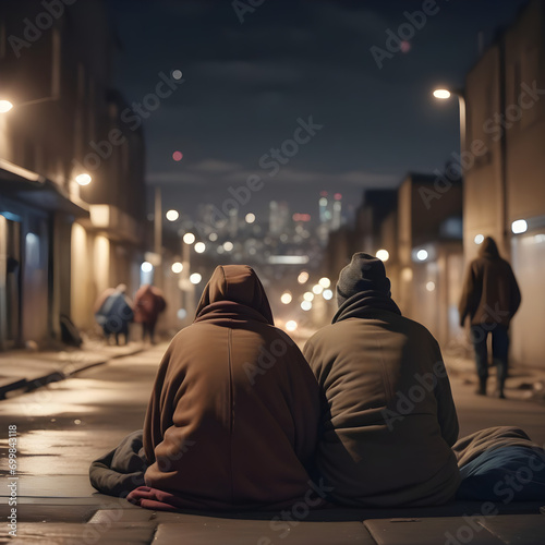 Homeless family living on the streets, at night, facing away from camera, blurred town in the background