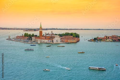 Aerial view of the island with the church of San Giorgio Maggiore, view from the Bell Tower (Campanile di San Marco), in Venice, Italy, at sunrise