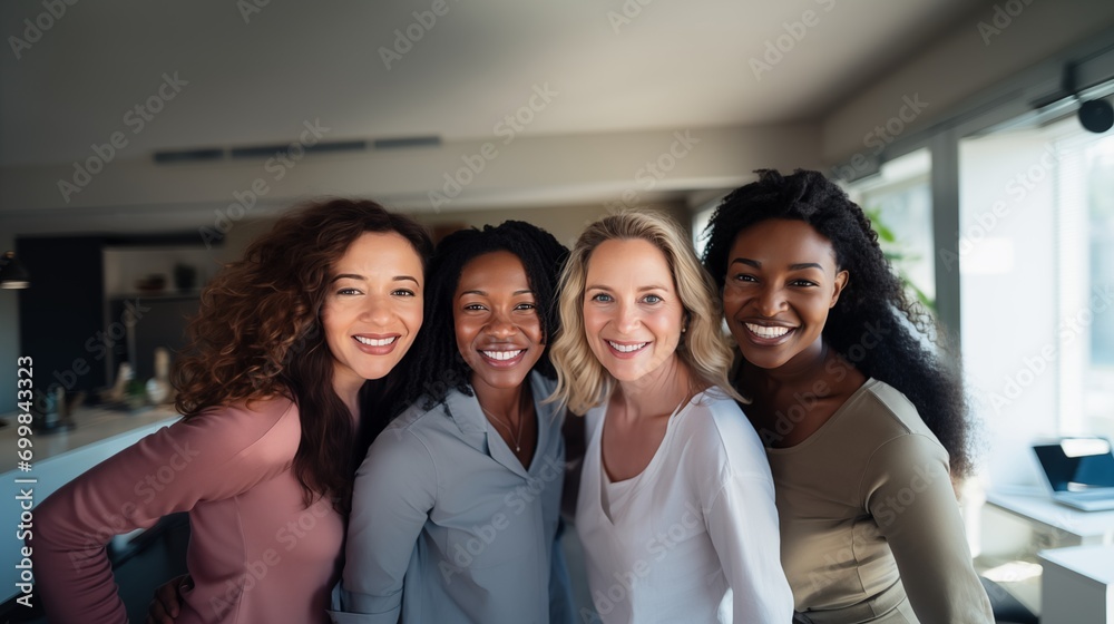 Diverse cheerful four female colleagues in the office on International women's day solidarity Diverse cheerful four female colleagues in the office on International women's day solidarity