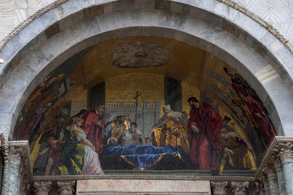 Architecture details of the amazing San Marco Basilica in St. Mark Square, famous tourist attraction in Venice, Italy