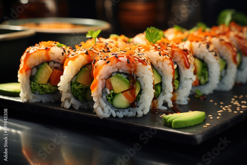 A close-up of a beautifully plated vegan sushi roll with avocado, cucumber, and other plant-based ingredients. Concept of cruelty-free sushi. Generative Ai.