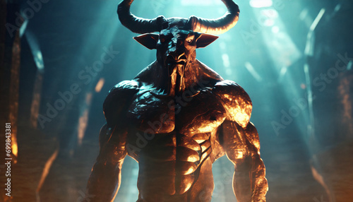 Minotaur, greek mythology creature 3d render with volumetric light and cinematic style with copyspace photo