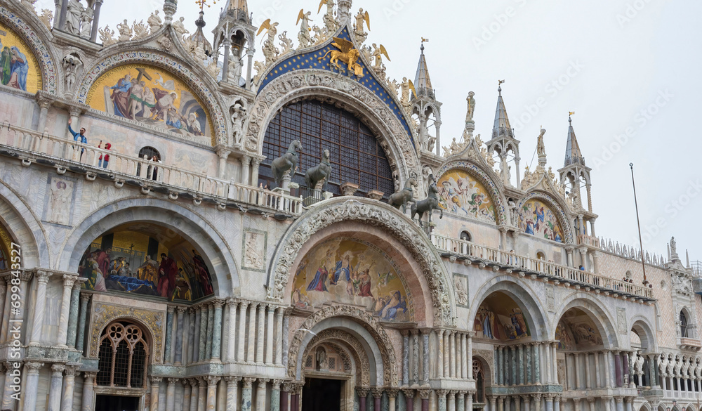 Architecture details of the amazing San Marco Basilica in St. Mark Square, famous tourist attraction in Venice, Italy