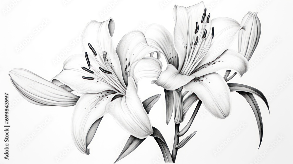  a black and white drawing of a bunch of lilies on a white background with a black and white border.