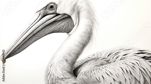  a black and white drawing of a pelican with a long neck and a long bill, standing in front of a white background. photo