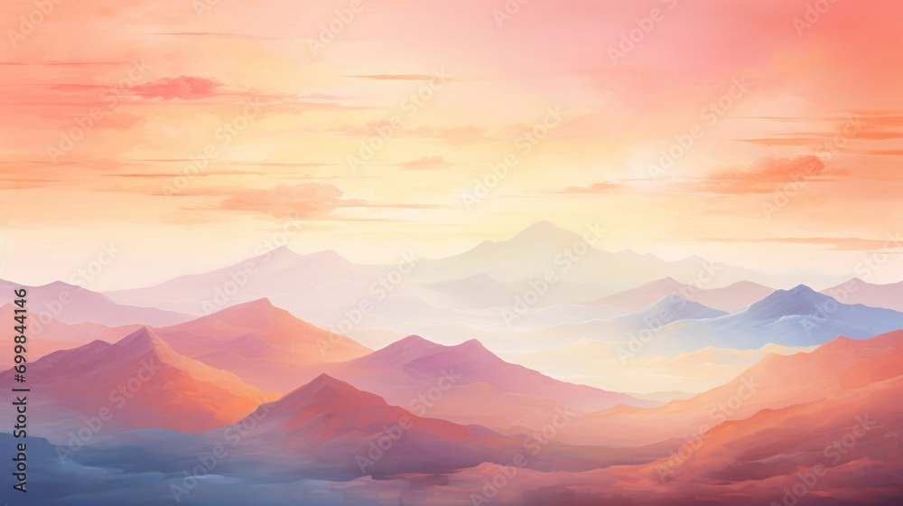  a painting of a sunset over a mountain range with a pink and blue sky in the background and clouds in the foreground.