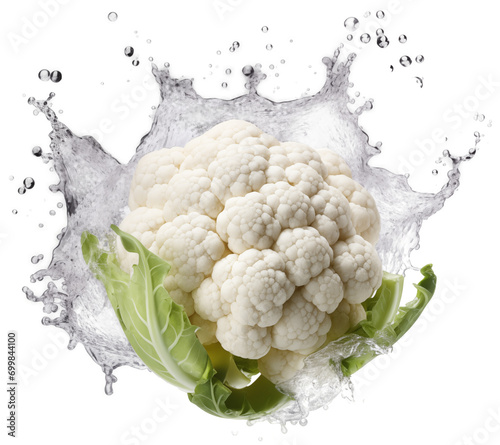 White cauliflower in a water splash isolated on a transparent background