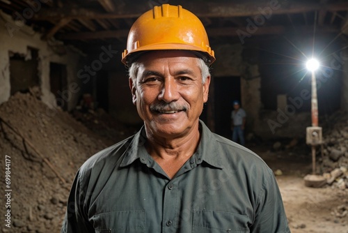 Aged and experienced Hispanic construction foreman worker in a developing area with architecture and infrastructure photo