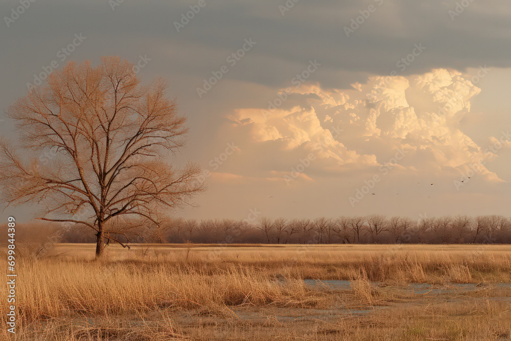 Fototapeta premium An image of a lone tree's silhouette against a backdrop of looming dark clouds, a portrayal of unwavering determination in the face of impending gloo