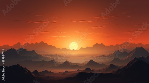  a painting of a sunset with mountains in the foreground and a bright orange sun in the middle of the sky.