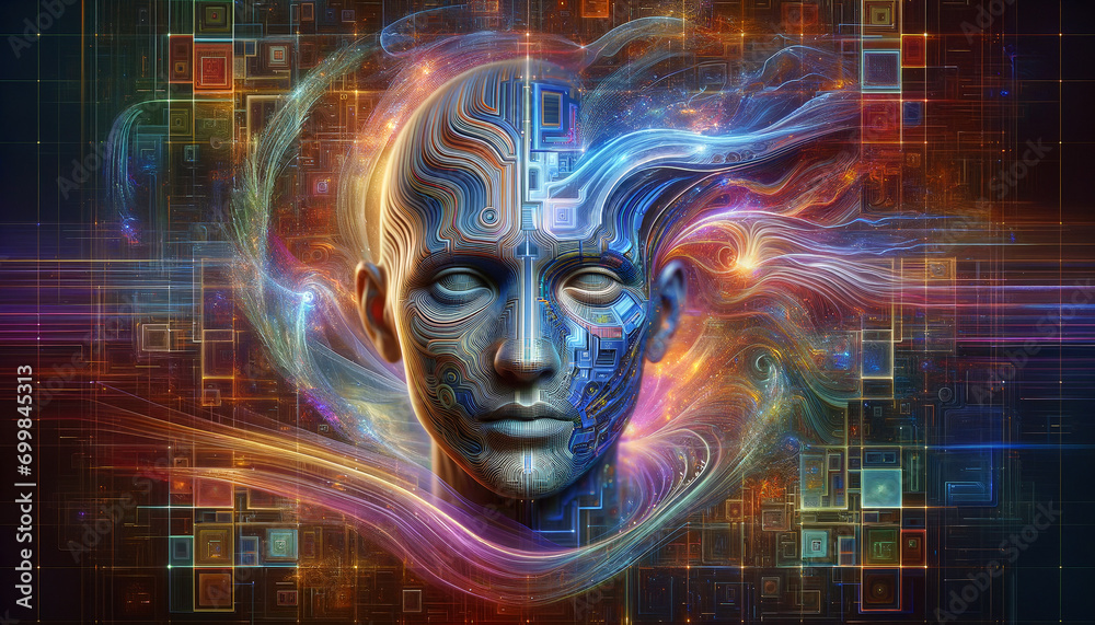 Abstract Artificial Intelligence Face with Dreamlike Elements. Abstract Artificial Intelligence Face with Dreamlike Elements.