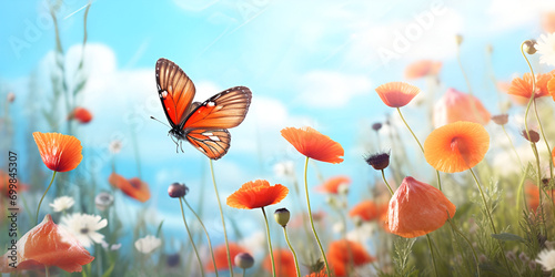 poppy flowers in the field,A swarm of colorful butterflies fluttering around a blooming field of flowers,generative AI © Akash