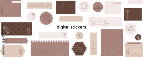 Cozy home digital stickers. Digital note papers and stickers for bullet journaling or planning. Digital planner stickers. Vector art.